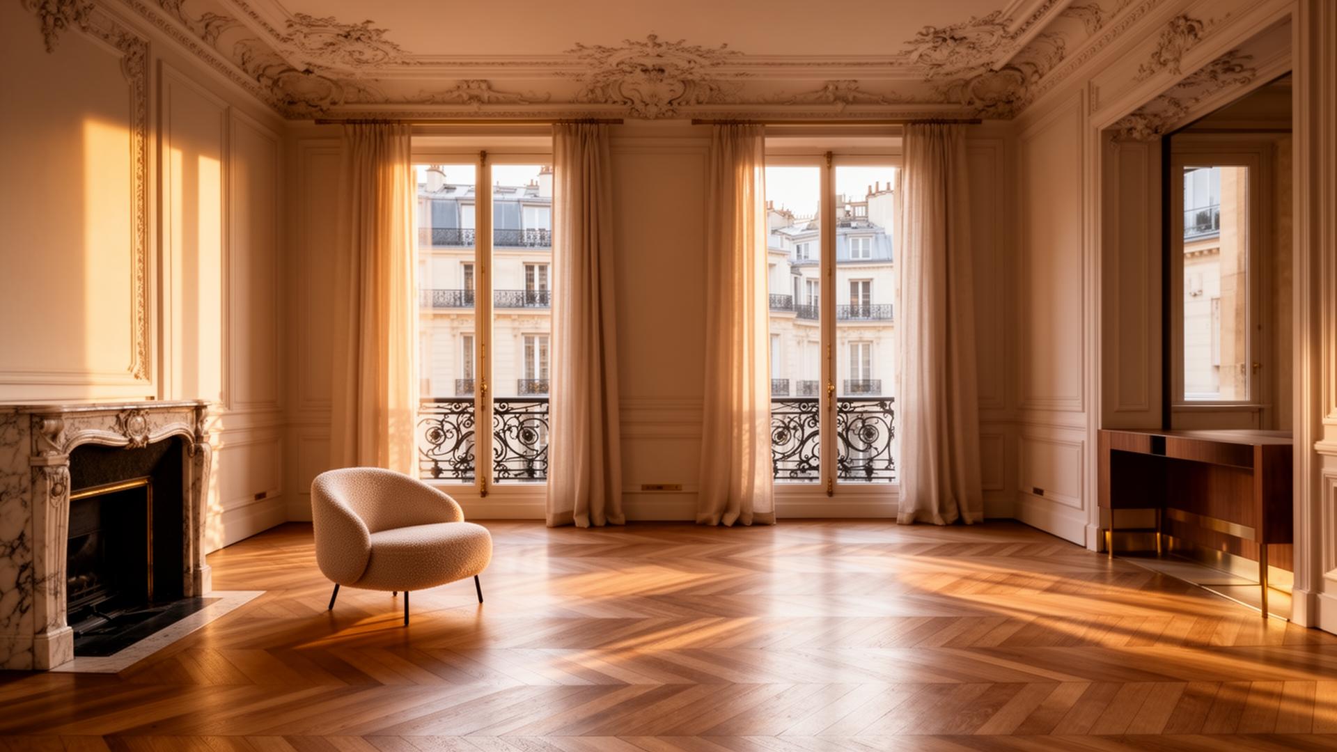 Salon haussmannien avec moulures, grandes fenêtres et parquet